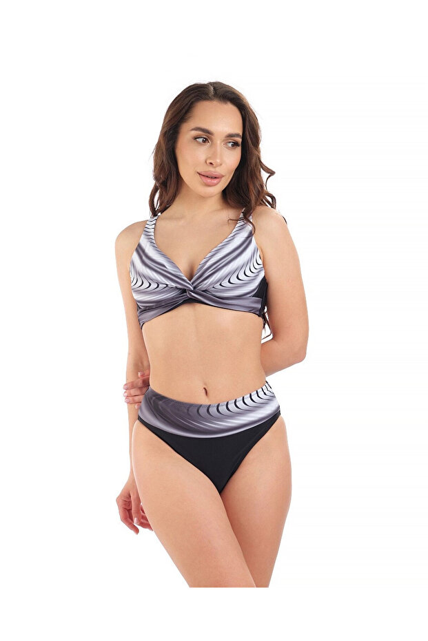 Women's Black and White Patterned High Waist Lined Bikini Set Hzl25S-Lc22315-5