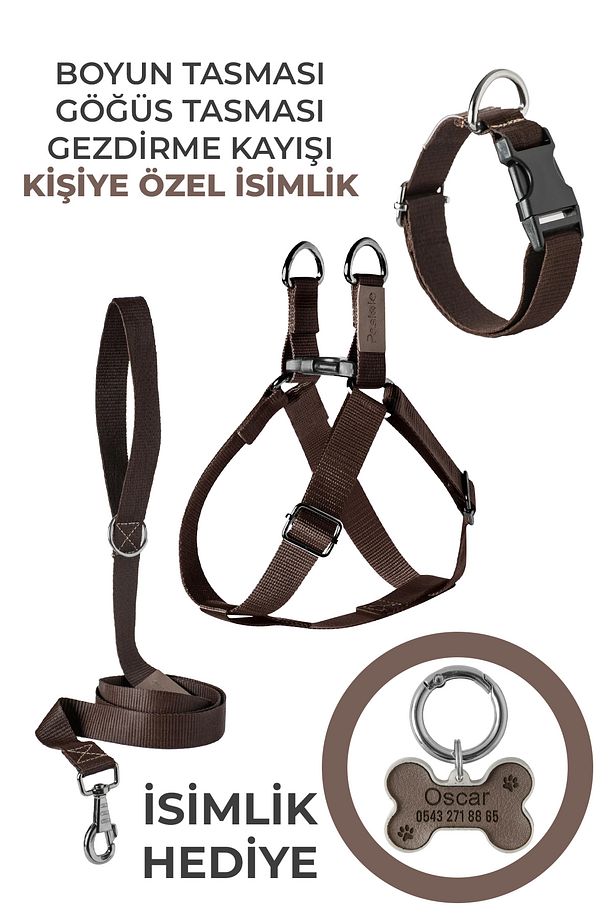 Köpek Göğüs Tasması Gezdirme Tasması Boyun Tasması Kişiye Özel İsimlik Seti - 1