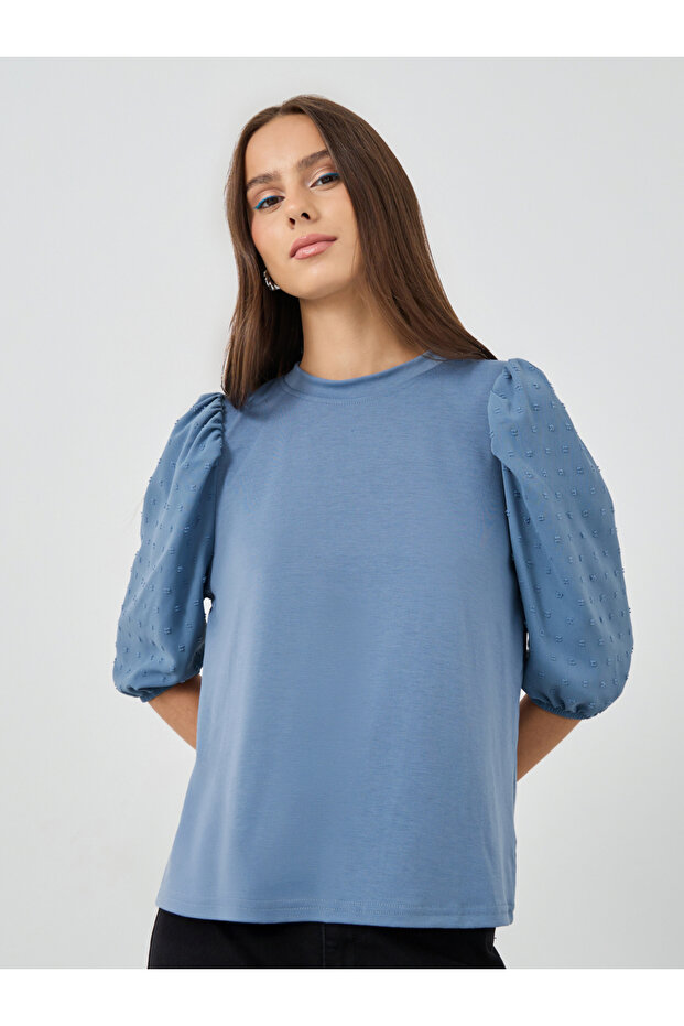 Solid Balloon Sleeve Round Neck Top - 3