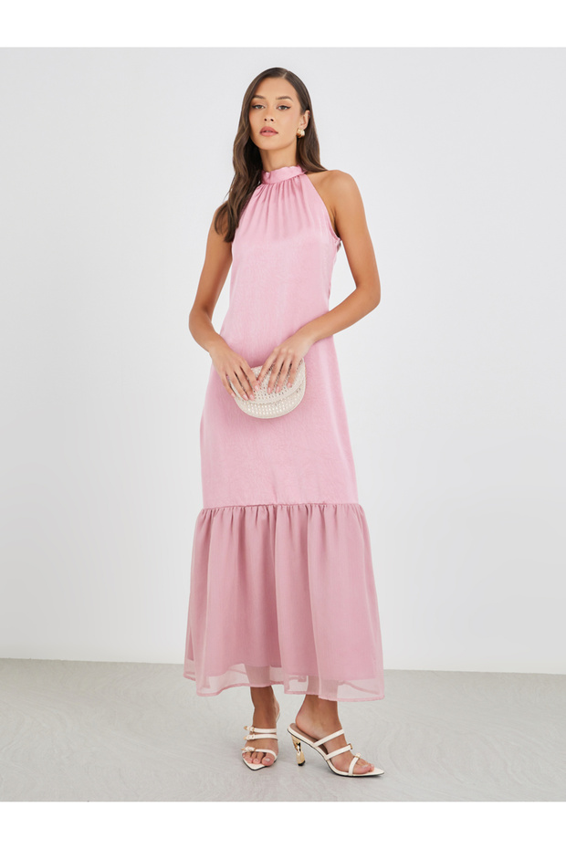 Plain Halter Neck Sheath Maxi Dress