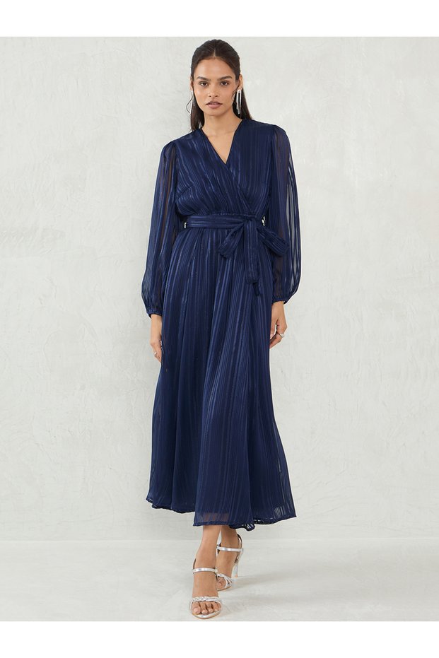 Navy Blue Lurex Wrap Look A-Line Maxi Dress with Tie Detail