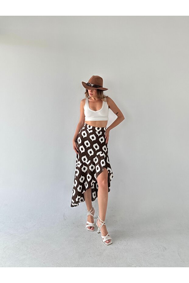 Brown-White Patterned Asymmetrical Wrap Skirt - 4