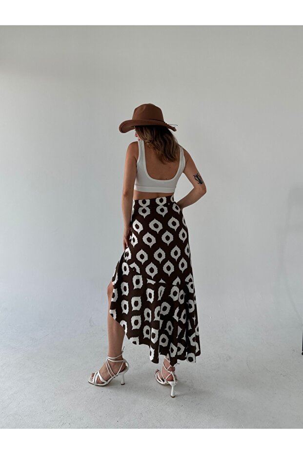 Brown-White Patterned Asymmetrical Wrap Skirt - 3
