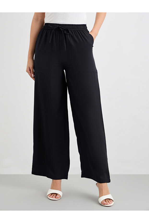 Solid Wide Leg Pants with Drawstring - 2