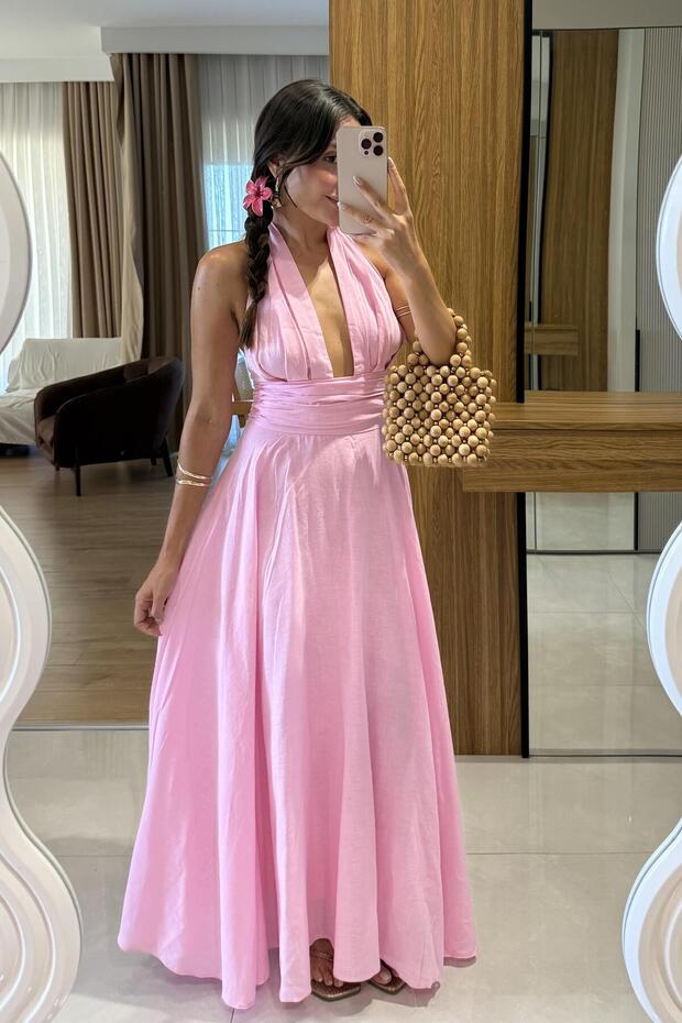 Briella Pembe Boyundan Bağlamalı Keten Elbise - 3