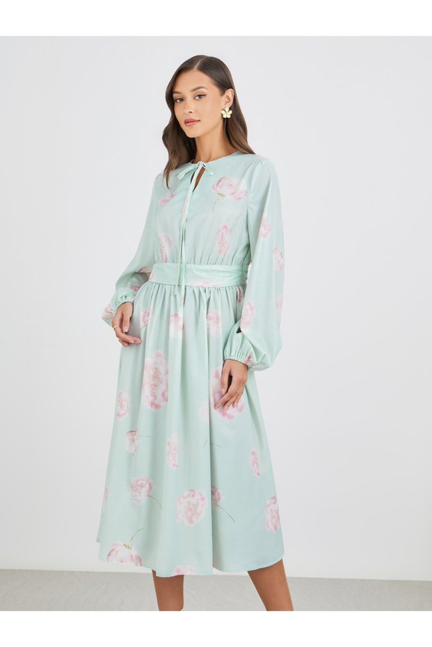 Floral Print Balloon Sleeves A-Line Midi Dress with Cinched Waist