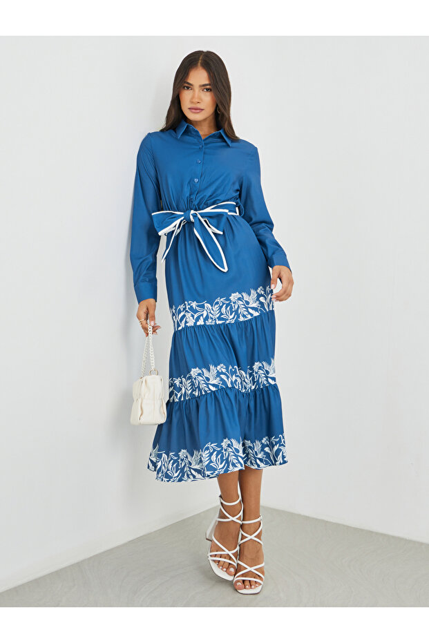 Printed Long Sleeves Tiered Midi Dress with Belt