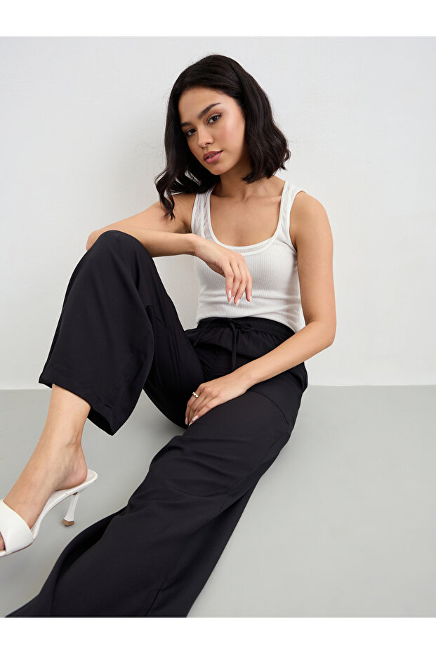 Solid Wide Leg Pants with Drawstring - 5