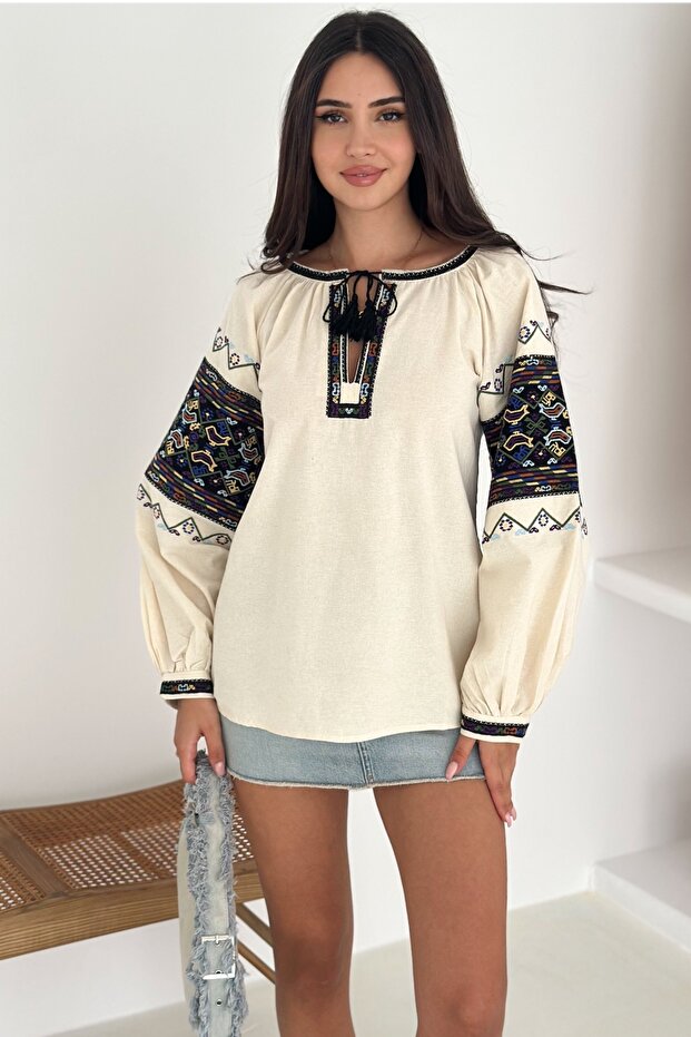 Women's Beige Tasseled Embroidered Cotton Blouse