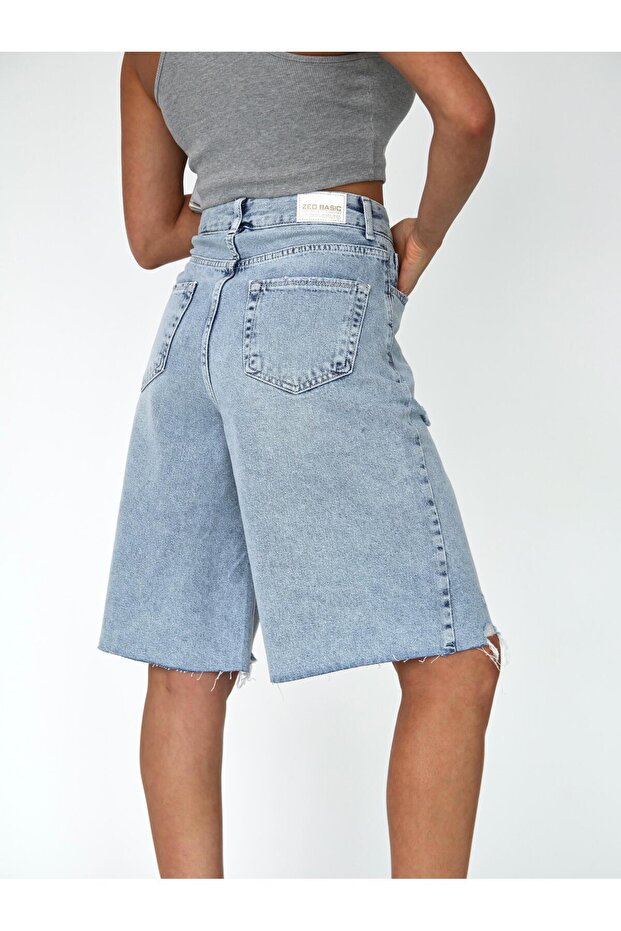 KADIN UZUN BERMUDA KOT ŞORT YIRTIK DETAYLI MİDİ BOY AÇIK MAVİ KAR - 7