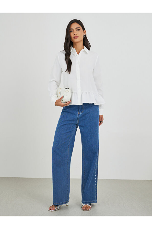 قميص سادة بأكمام طويلة وياقة واسعة - 2