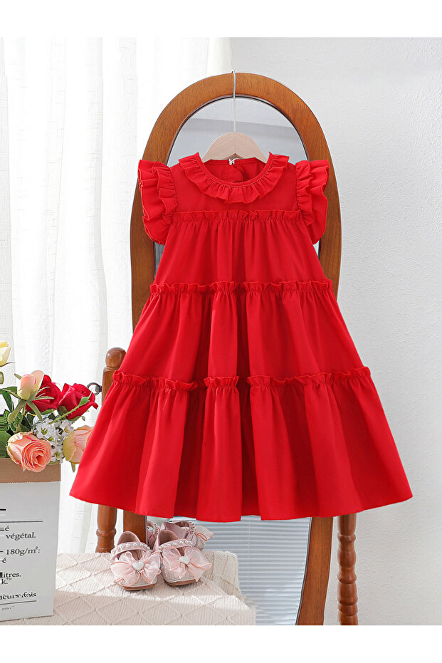 Solid Round Neck Ruffled Dress