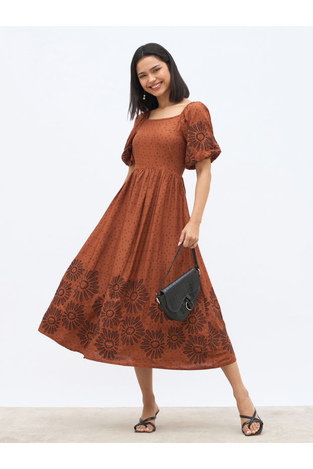 Embroidered Puff Sleeves A-Line Midi Dress