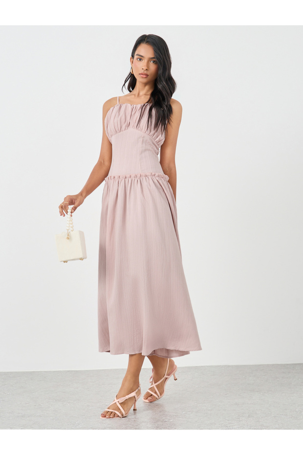 Textured Strappy A-Line Midi Dress with Ruffled Detail