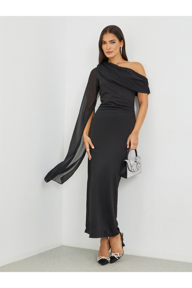 Solid One Cape Sleeve Bodycon Maxi Dress