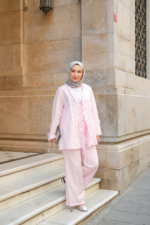 Women's Sleeve Ribbon Detail Suit Pink
