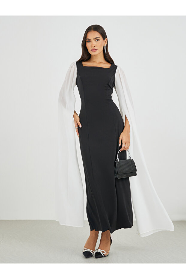 Color Block Cape Sleeve Bodycon Maxi Dress