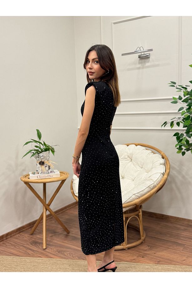 Taş Baskı Drape Detay Omuz Vatkalı Elbise - 6