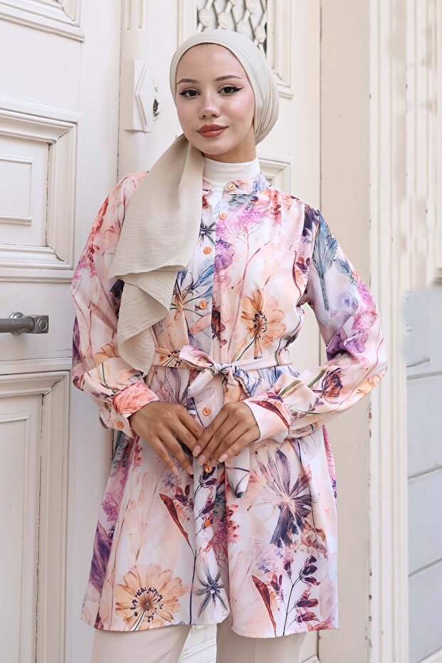 Patterned Hijab Shirt Beige 704