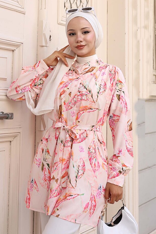 Patterned Hijab Shirt Powder 703