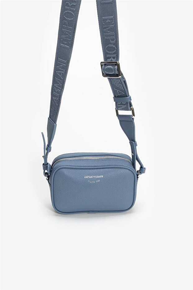 Women's Leather Single Zipper Closure Strap Brand Text Patterned Blue-Grey Shoulder Bag Ew 000537 Af12036-M8128
