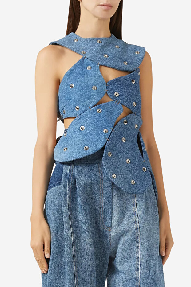 Upcycled Denim Stud-Embellished Island Top, Mavi - 1
