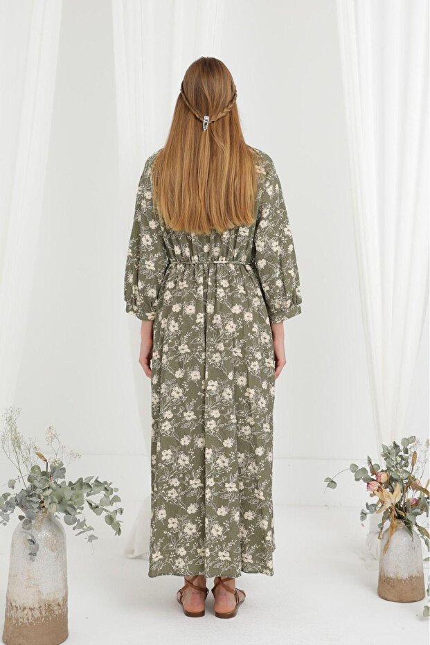 Haki çiçekli elbise - 5