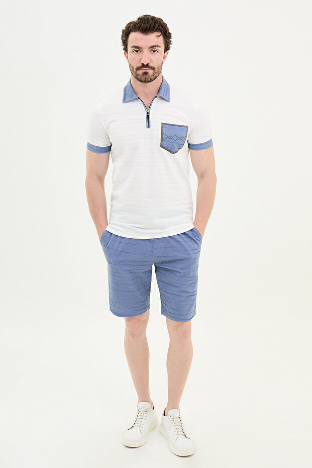 Patterned Slim Fit Short Sleeve Zipper Polo Neck Shorts T-Shirt Men's Set Ecru - 17155.24Y