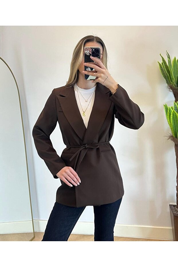 Women's Brown Waist Tie Blazer Jacket