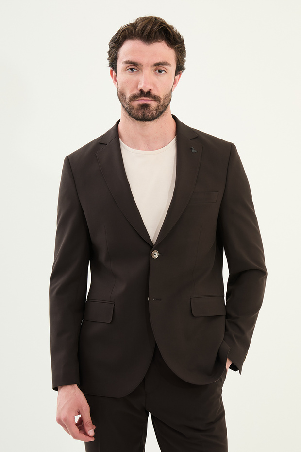 Straight Slim Fit Mono Collar Men's Suit Dark Brown - 45384.25Y