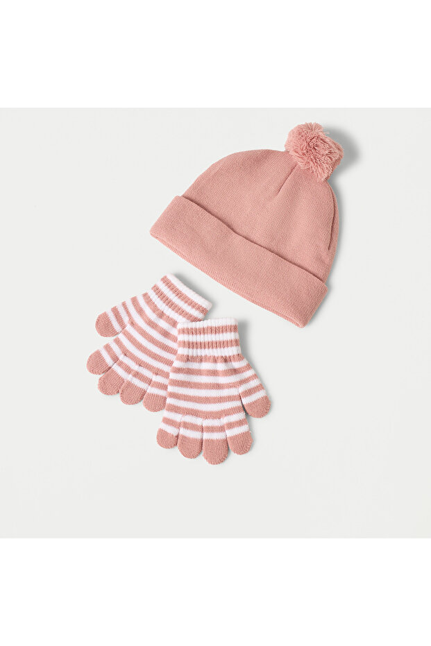 طقم قبعة بيني سادة وقفازات مخططة - 1