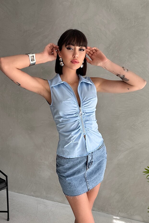 Zipped Detail Shirt Collar Sleeveless Bluz