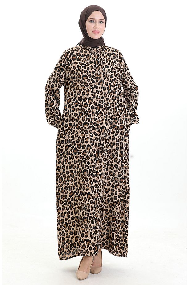 Leopar Desenli Düğmeli Elbise 0122-01 Siyah Bej - 3