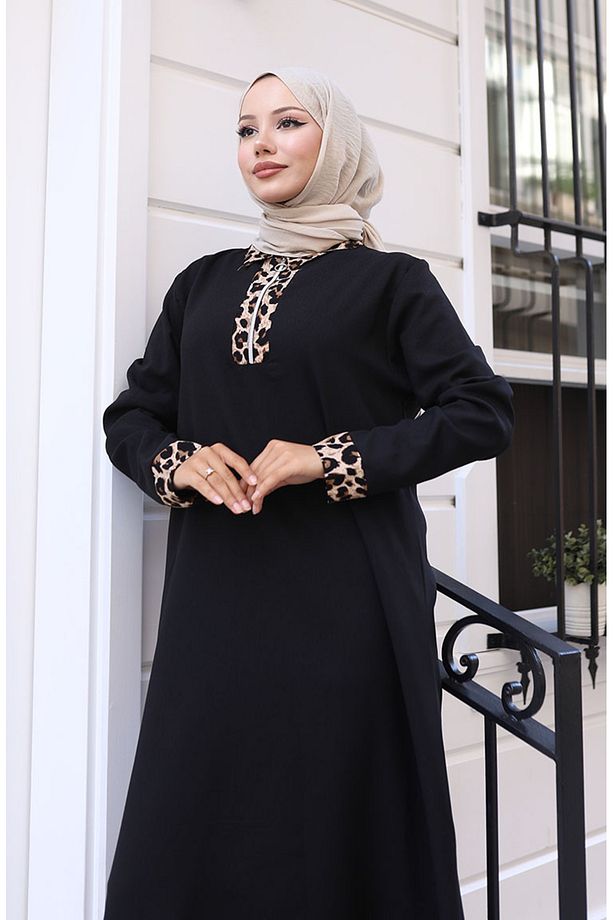 Leopar Desenli Elbise 0119-01 Siyah - 3