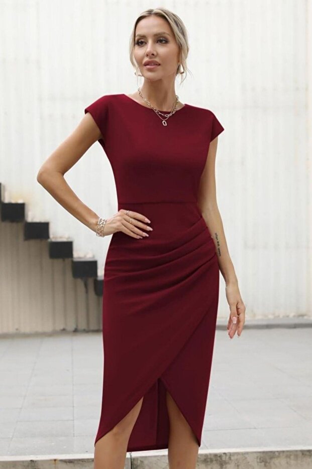 Crew Neck Draped Midi Length Crepe Dress - Burgundy
