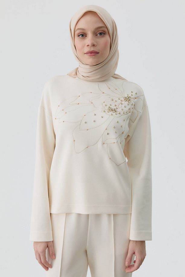 Nakışlı Taşlı Örme Sweat - Ekru - 1