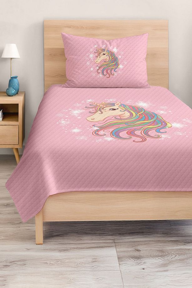 Unicorn Desenli Pembe Tek Kişilik Pike Takımı Bebek ve Çocuk Odaları İçin - 2