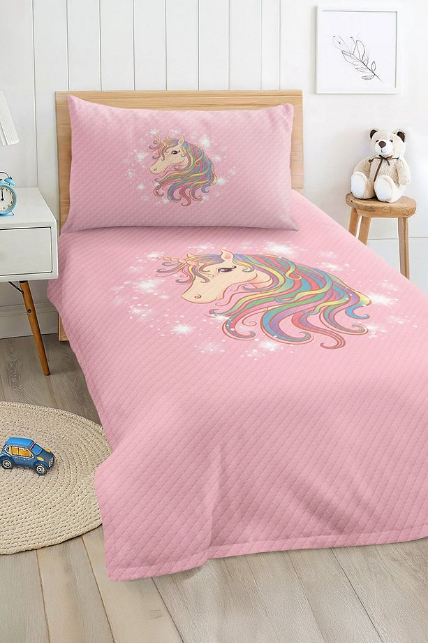 Unicorn Desenli Pembe Tek Kişilik Pike Takımı Bebek ve Çocuk Odaları İçin - 1
