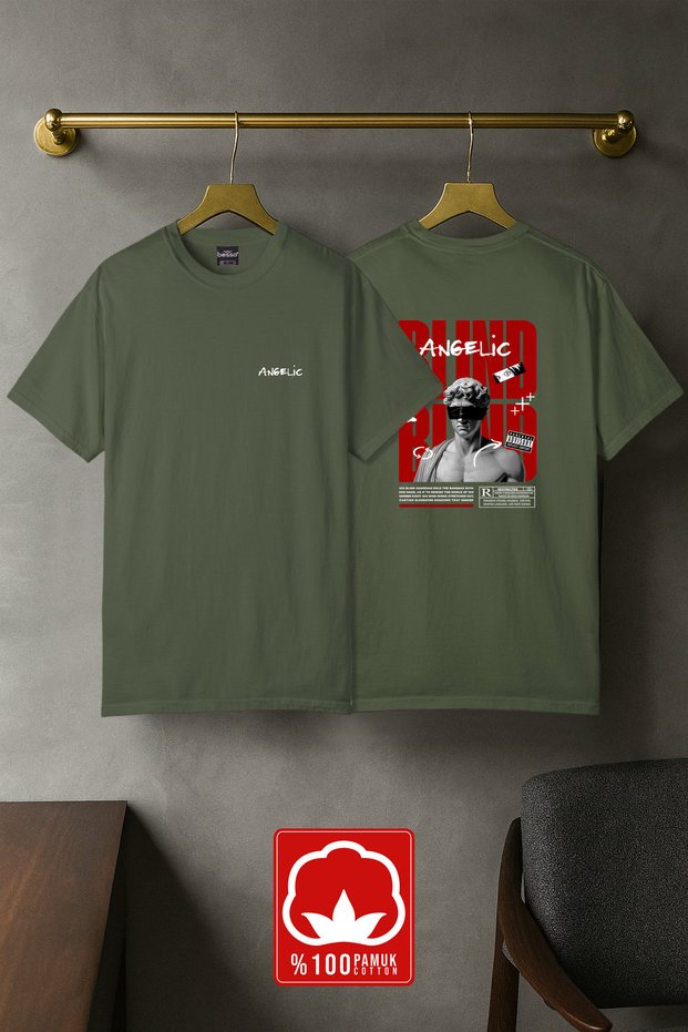 Men's Angelic Blind Printed Oversize T-Shirt Streetwear 100% Cotton Crew Neck