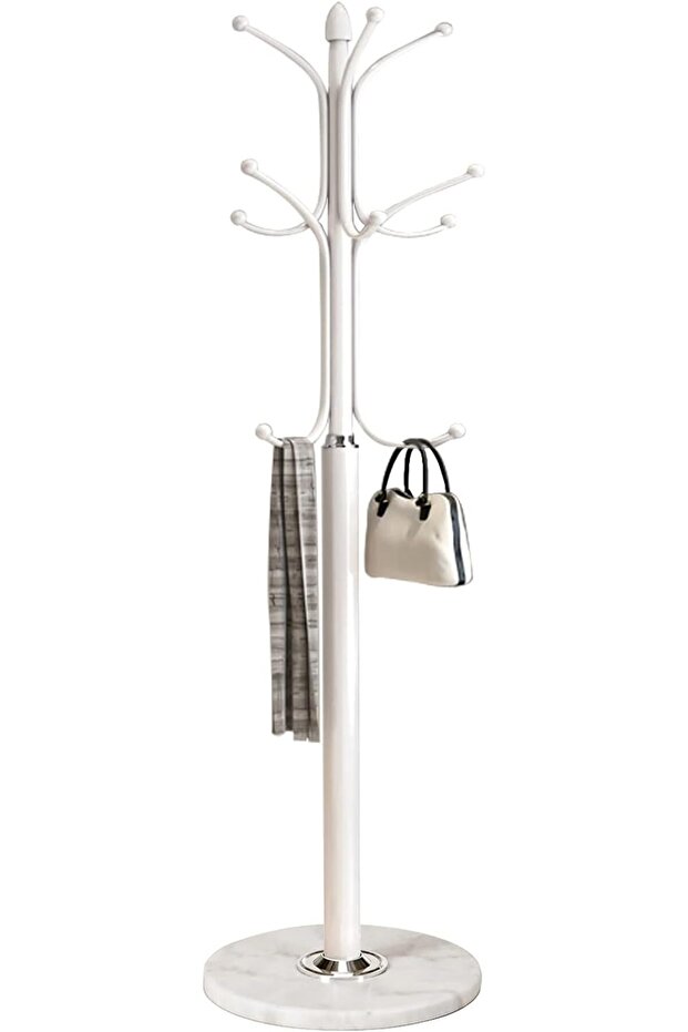 Metal Coat Rack Stand with Natural Marble Base, Free Standing Hall Tree with 12 Hooks for Hanging Sc