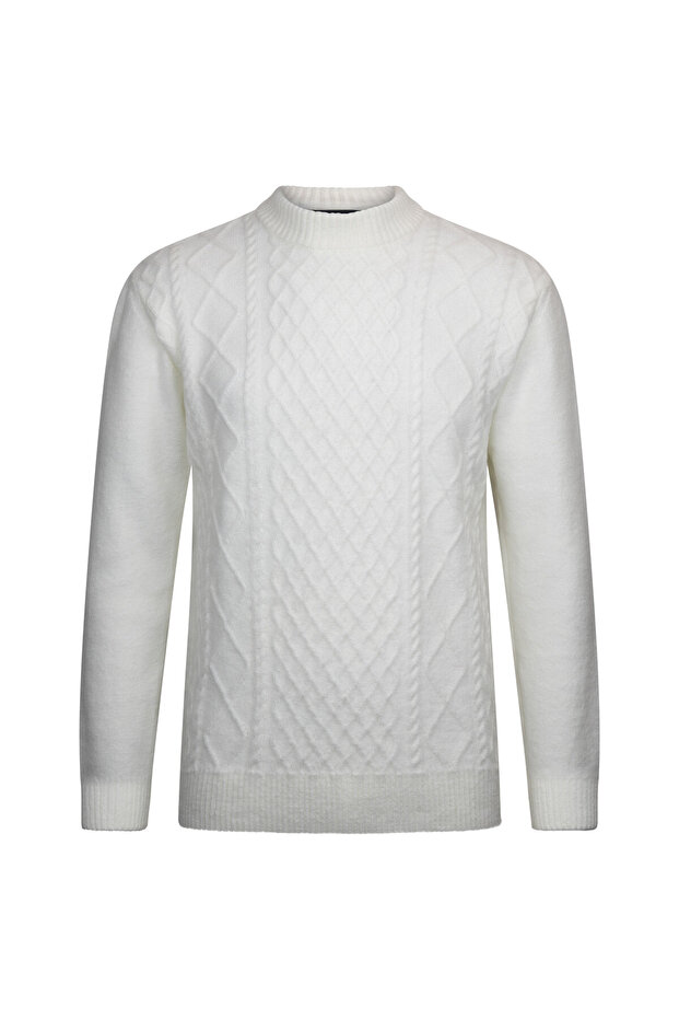 Ecru Regular Fit Jacquard Quarter Turtleneck Sweater