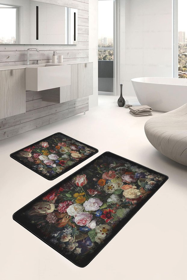 Flower Bouquet Patterned Black Dark Colored 2-Piece Non-Slip Base Washable Bath Mat Set