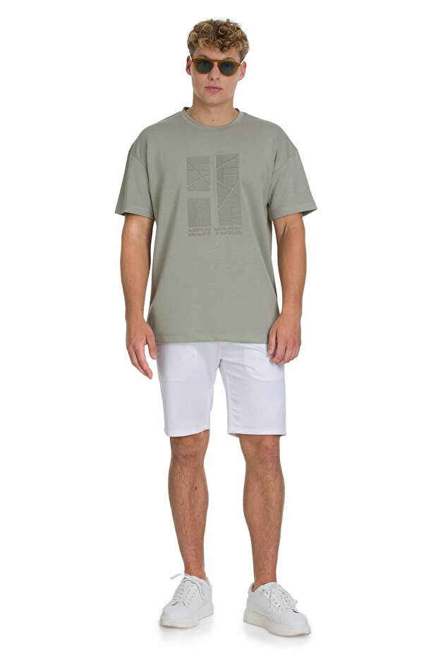 Haki Regular Fit Bisiklet Yaka Oversize Tişört - 2