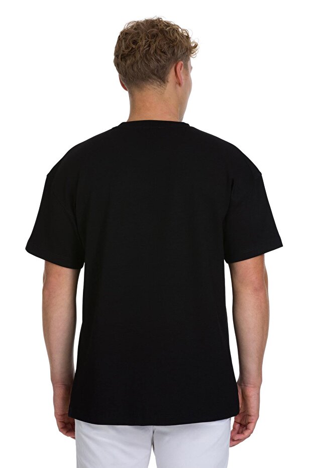 Siyah Regular Fit Bisiklet Yaka Oversize Tişört - 5