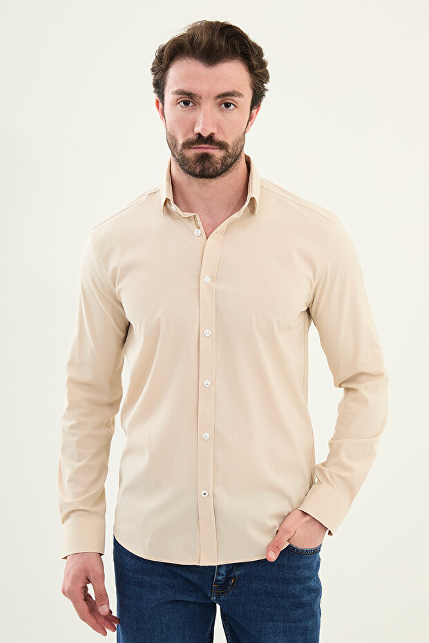 Seersucker Slim Fit Cotton Men's Shirt Beige - 27081.25Y