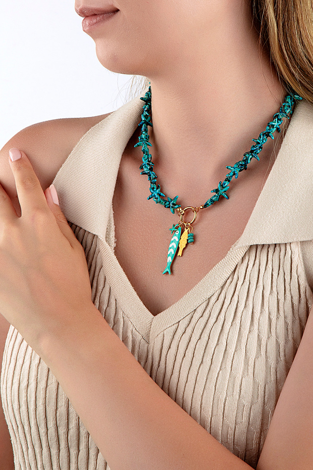 Blue Black Starfish Beaded Fish Figured Necklace