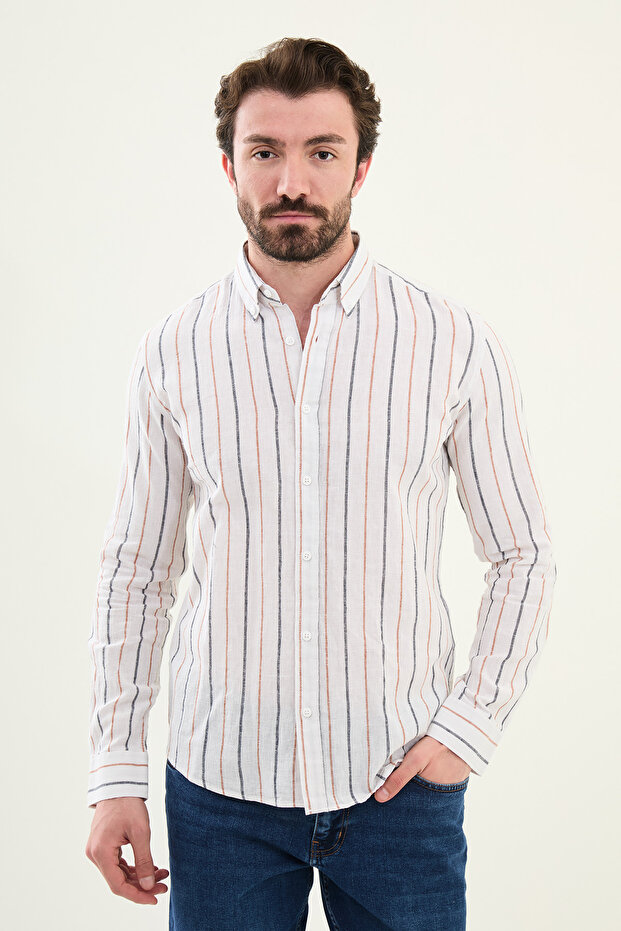 Striped Slim Fit Linen Men's Shirt White-Camel - 27078.25Y