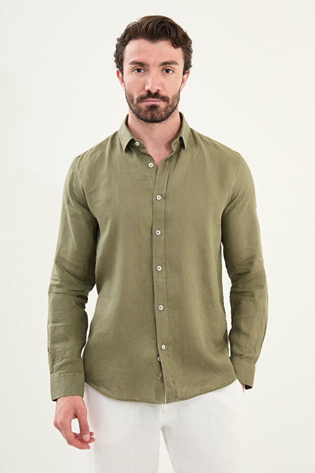 Plain Slim Fit Long Sleeve 100% Linen Men's Shirt Khaki - 27079.25Y