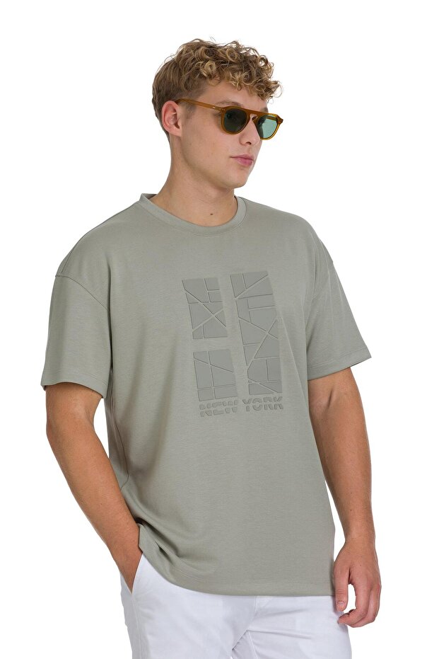 Haki Regular Fit Bisiklet Yaka Oversize Tişört - 1