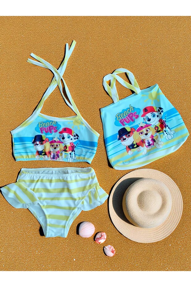 Girl's Character Printed Skirt with Ruffles - Rope Tie Bag Swimsuit Bikini 3 Piece Set